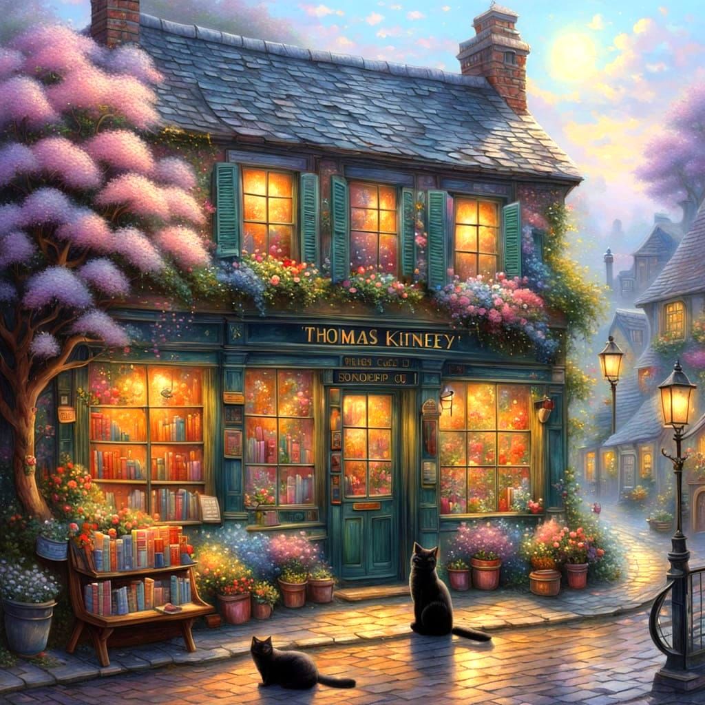 Cosy Fantasy Bookshop in Impasto Style