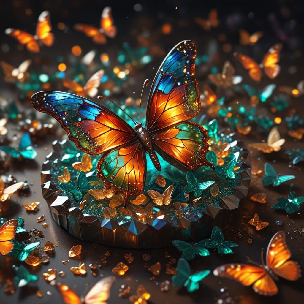 Multicolored Crystal Tree with Glass Butterflies in Oil Pain...