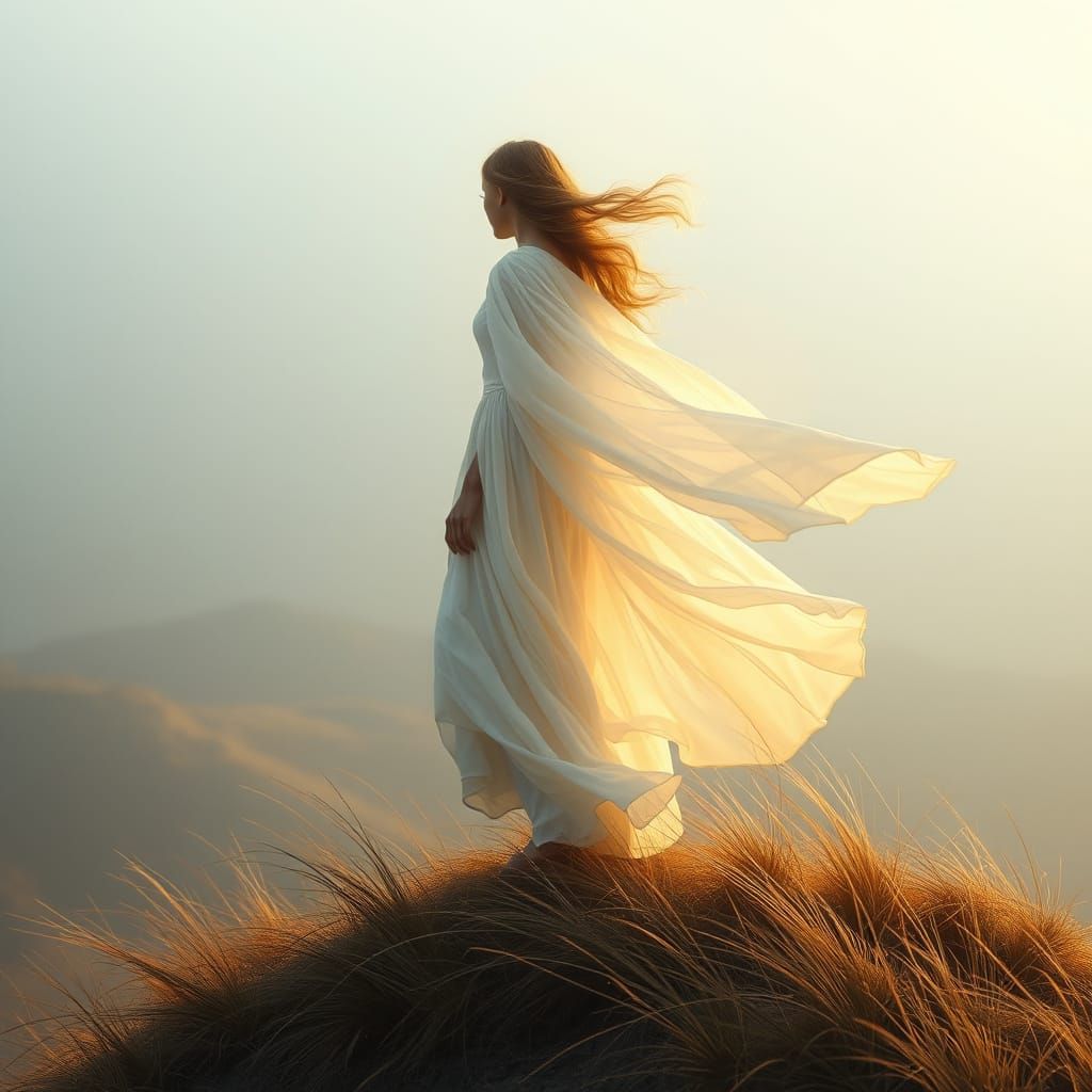 Ethereal Figure on Windswept Hill in Digital Art Style