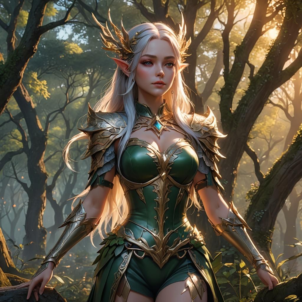 Elven Queen in Forest Sunset: 3D Anime Art
