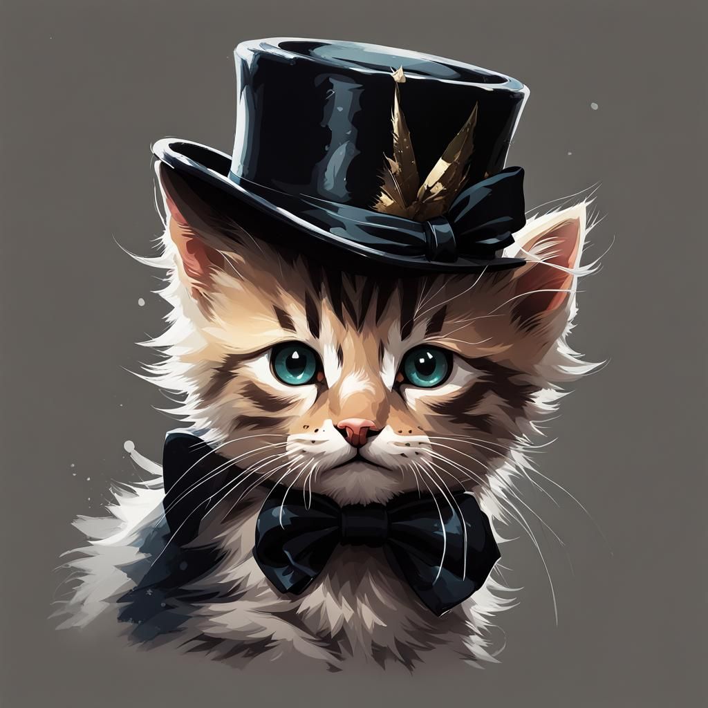 Kitten in Top Hat: Adorable Digital Portrait