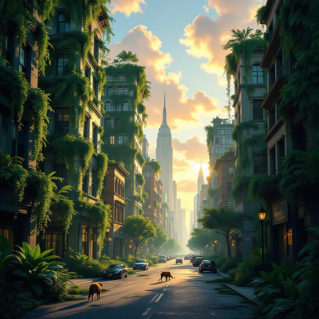 Nature Reclaims City: Verdant Metropolis with Wildlife