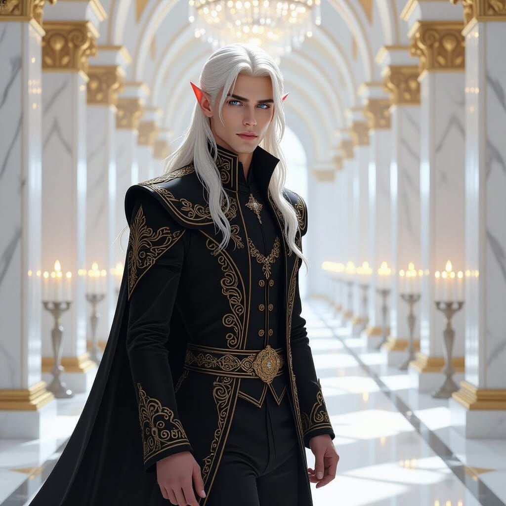 Elf in Opulent Hallway, Lavish Black and Gold Attire