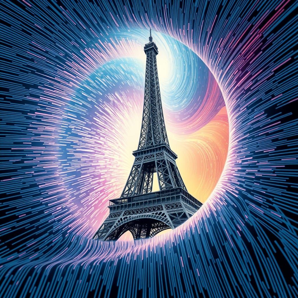 Eiffel Tower Emerges from Barcode Vortex in Cyberpunk Style