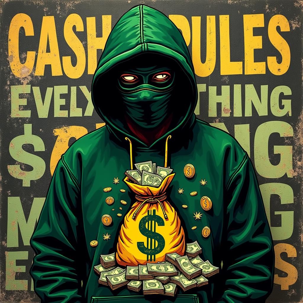 Hooded Figure with Money Bag in Urban Graffiti Style