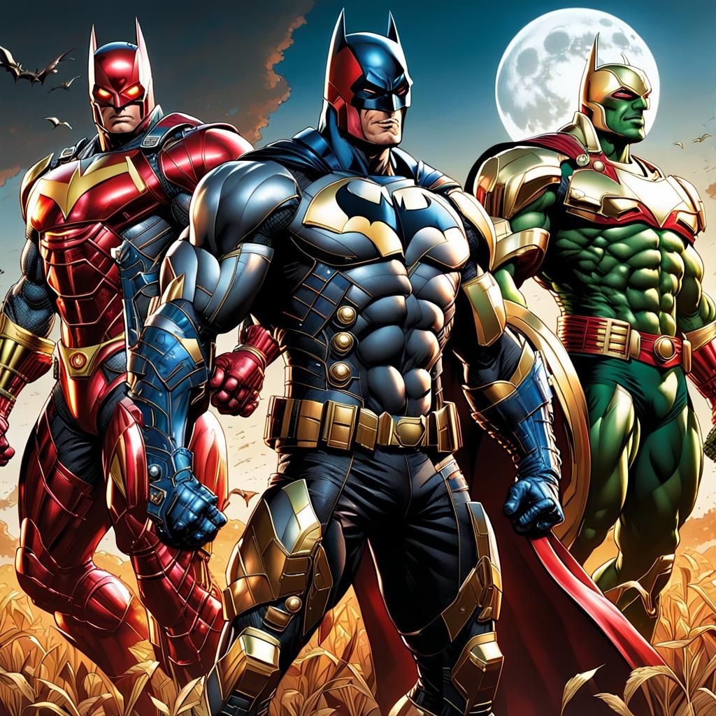 Superhero Lineup in Apocalyptic Landscape, Comic Book Art