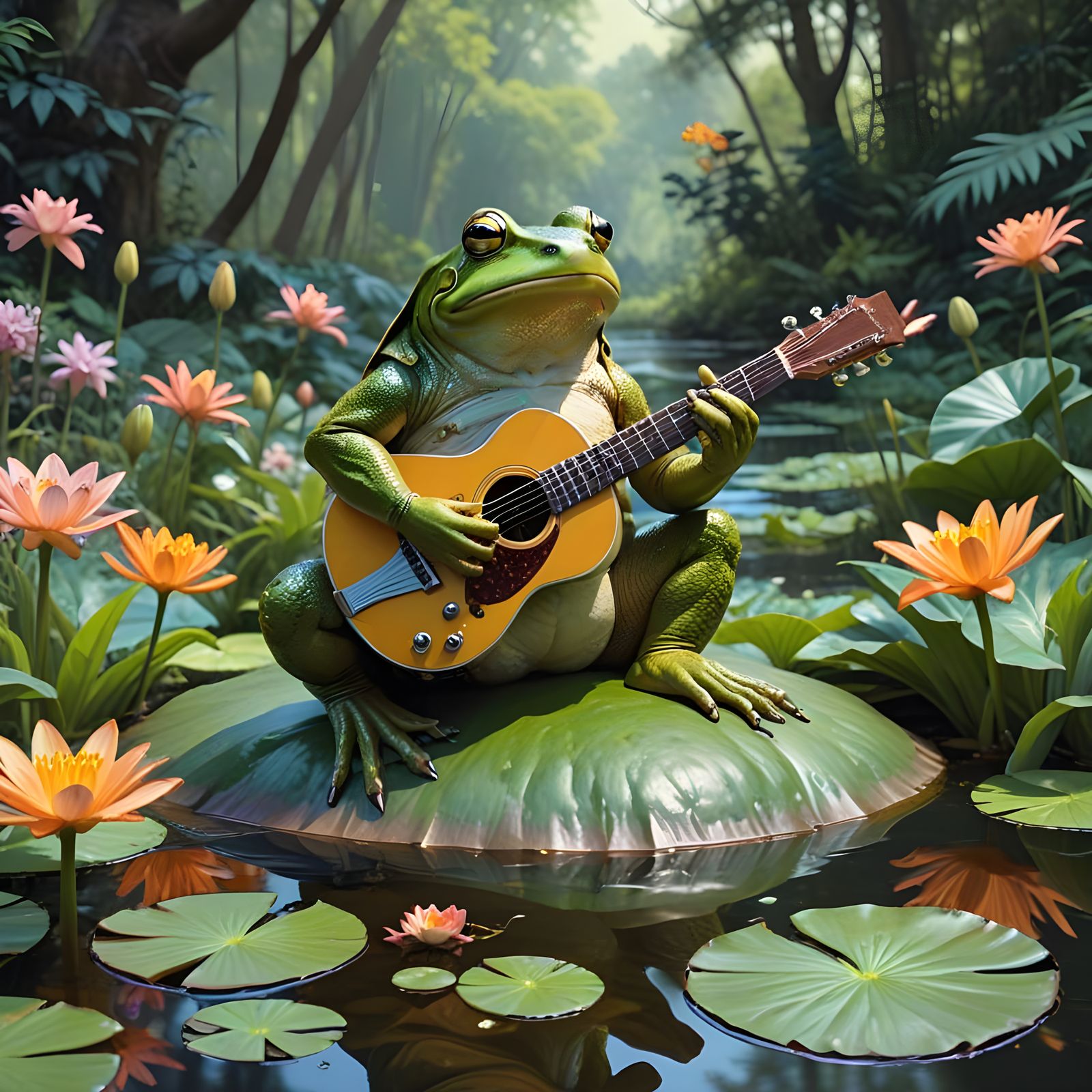 Laid-Back Bullfrog Rockstar in Whimsical Landscape