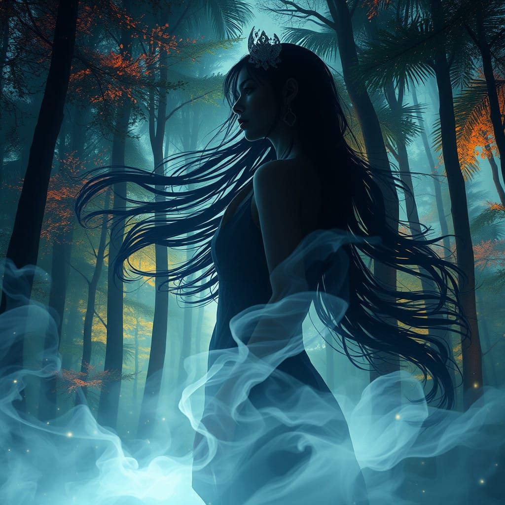 Ethereal Nighttime Goddess in a Vibrant Forest
