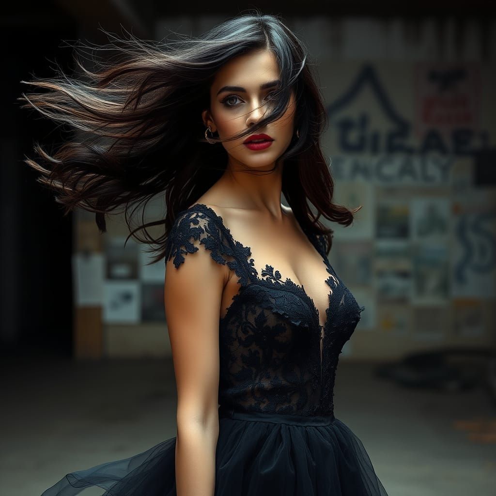 Elegant Woman in a Haunting Urban Landscape