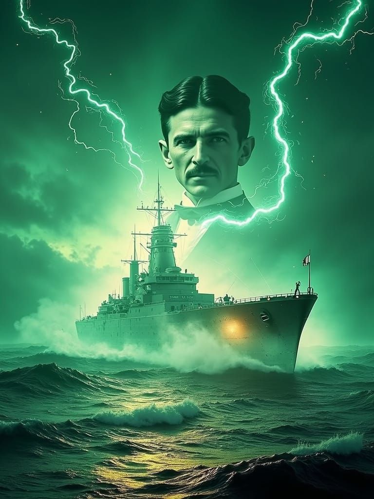 Surreal Double Exposure of Tesla and USS Eldridge in Eerie G...