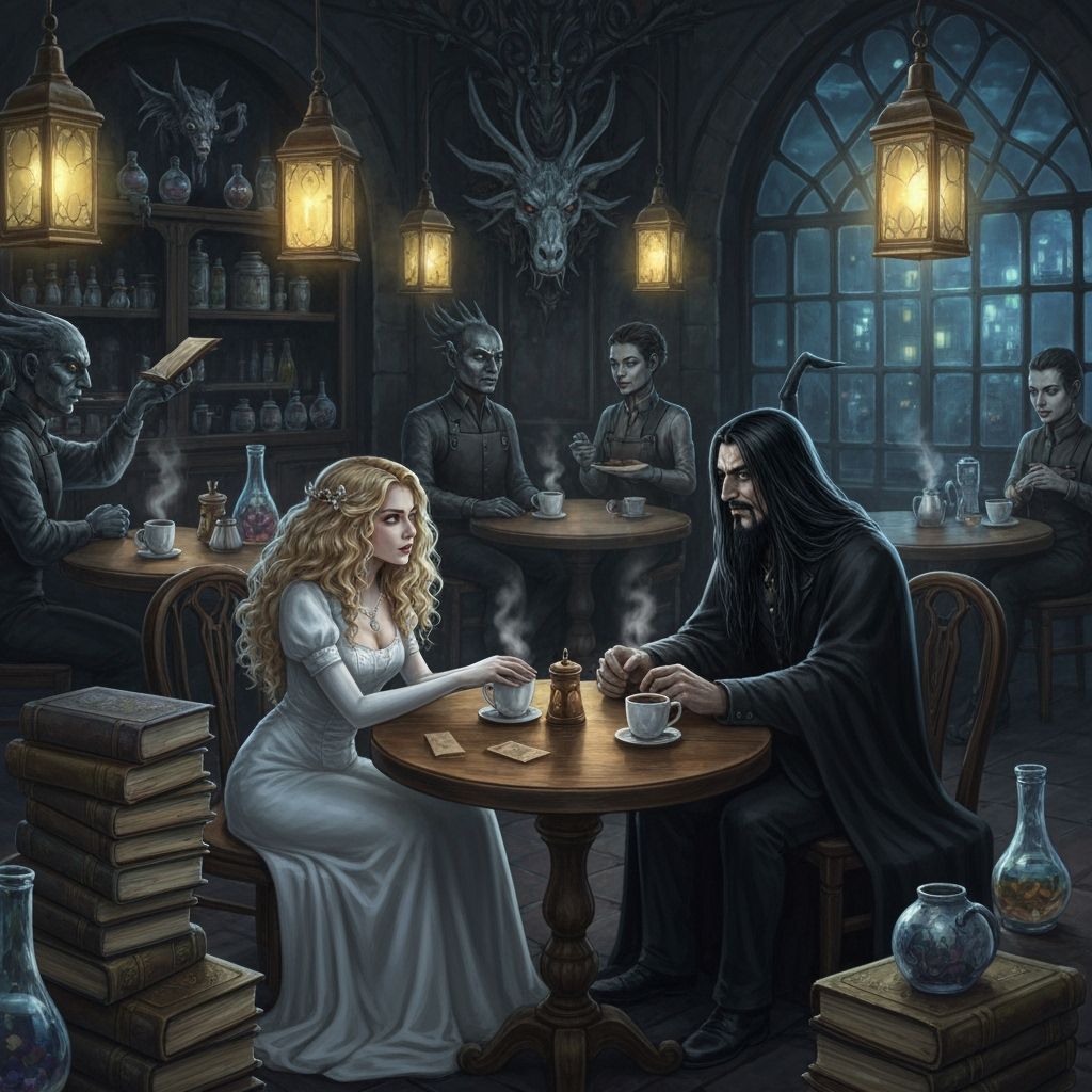 Dark Fantasy Cafe with Floating Lanterns and Mystical Patron...