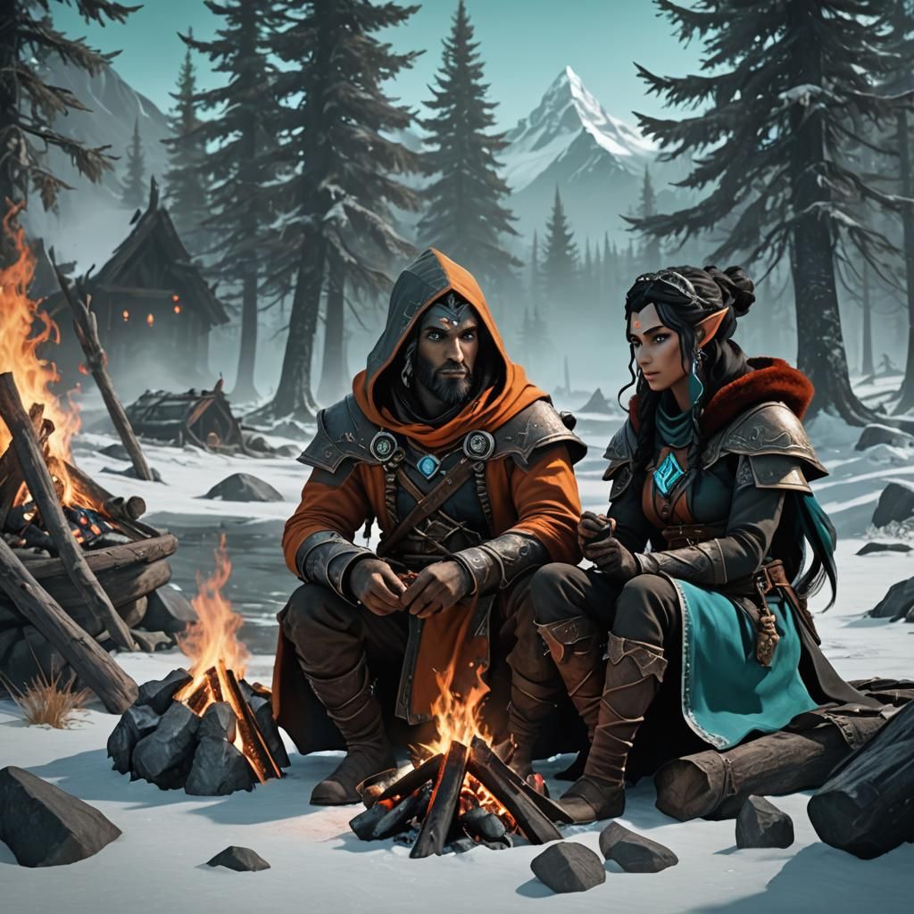 Skyrim Dark Elf Friends in an Icy Tundra