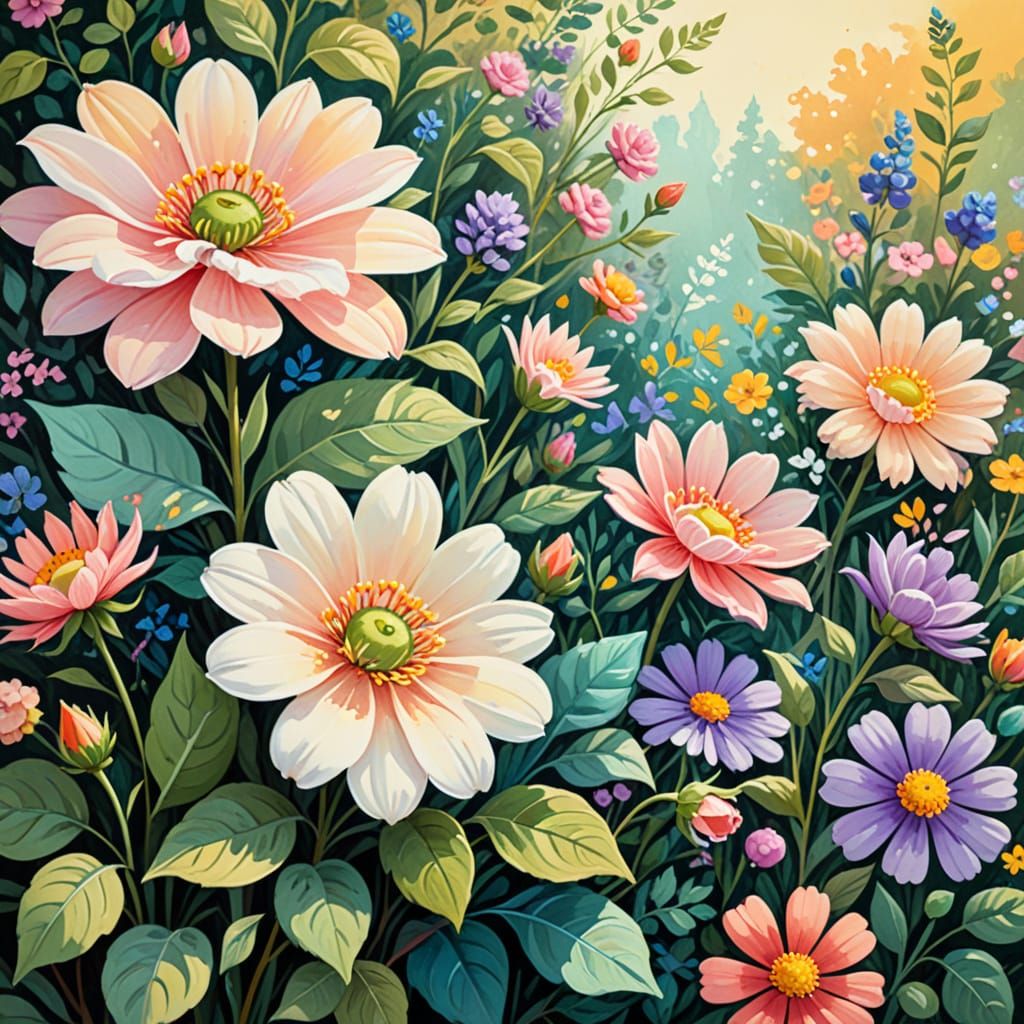 Whimsical Floral Garden in Gouache Style