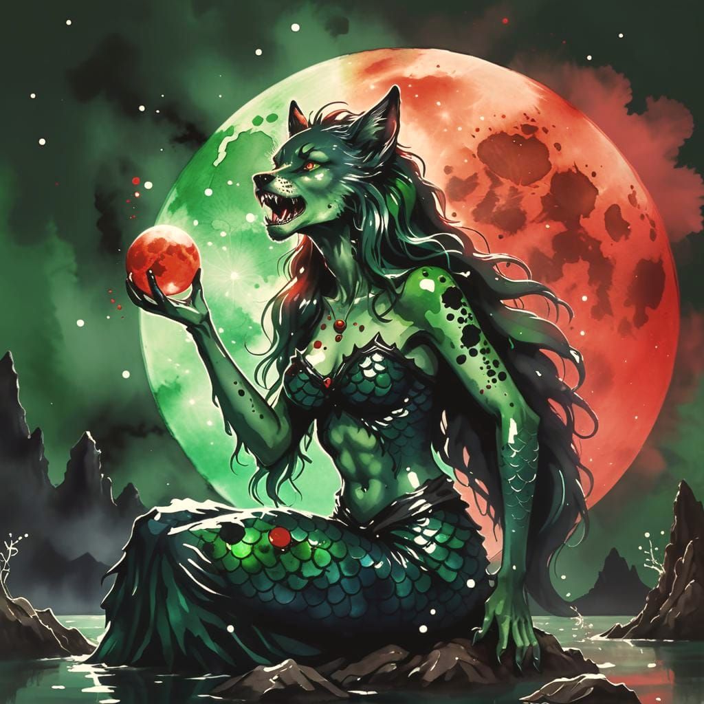 Werewolf Mermaid Hybrid Howling at Red Moon