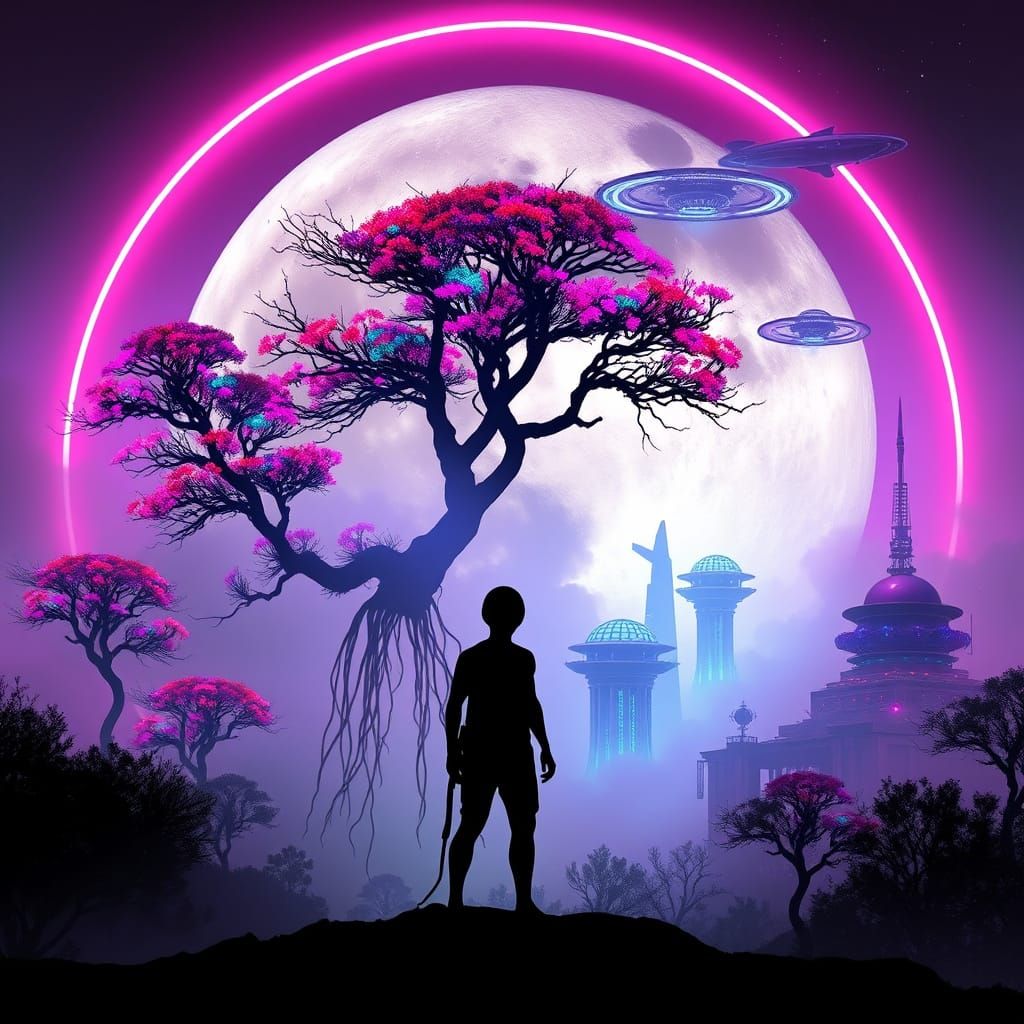 Alien Silhouette Before Neon Moon in Cyberpunk Landscape
