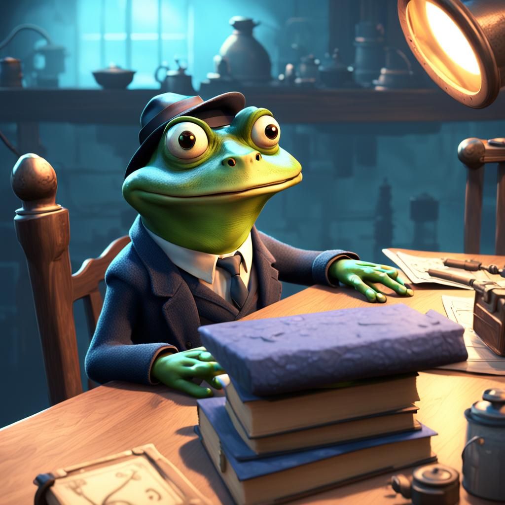 Detective Frog Working on Clues in Film Noir