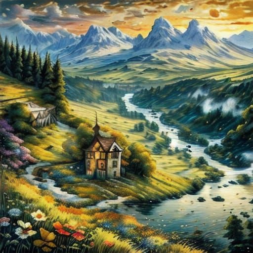 Hyperrealistic Landscape with Windmill and Mountains