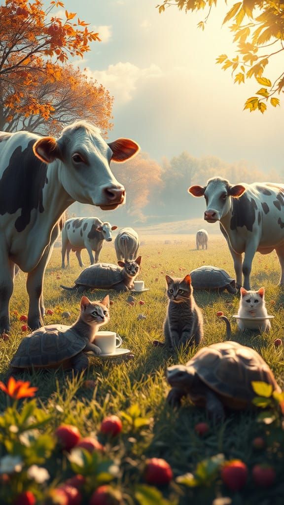 Whimsical Cows and Tortoises in an Autumn Meadow