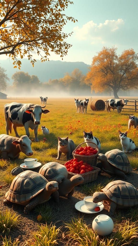 Autumn Serenity: Cows, Tortoises, and Felines Share Strawber...