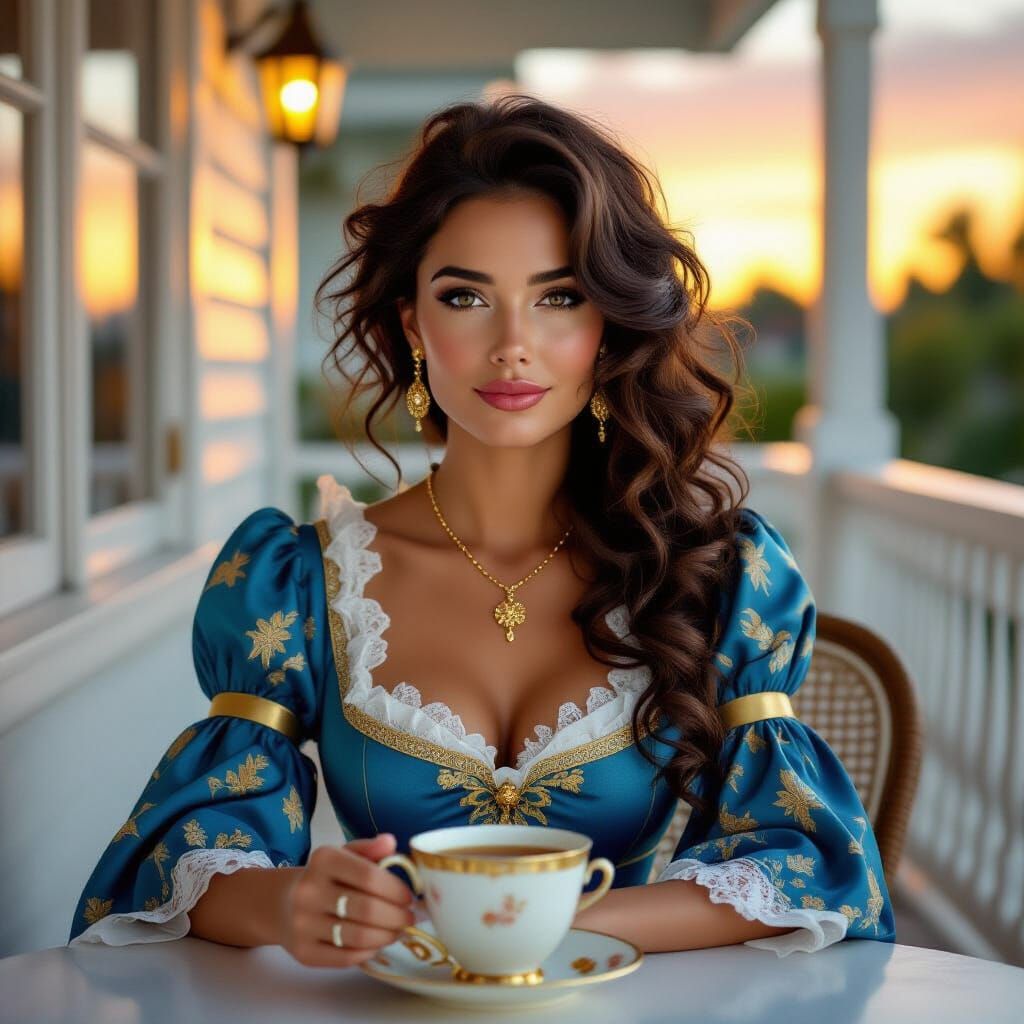 Woman in Blue Dress: Hyperrealistic Sunset Portrait