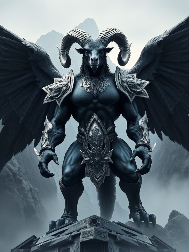 Mighty Ramheaded God Stands Tall, Bipedal and Powerful, with...