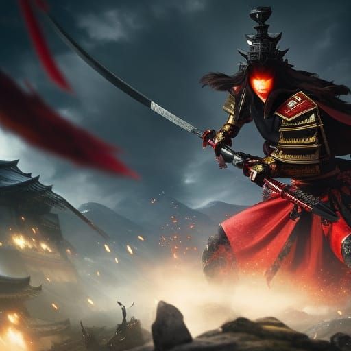 Demon Samurai Warrior in Battlefield, Dark Fantasy Art