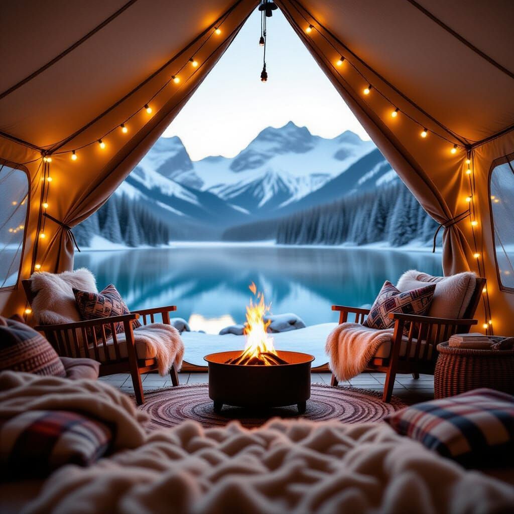 Cozy Glamping Tent Scene with Mountain Lake View