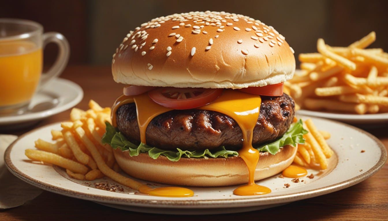 Juicy Burger Still Life Oil Painting on China Plate