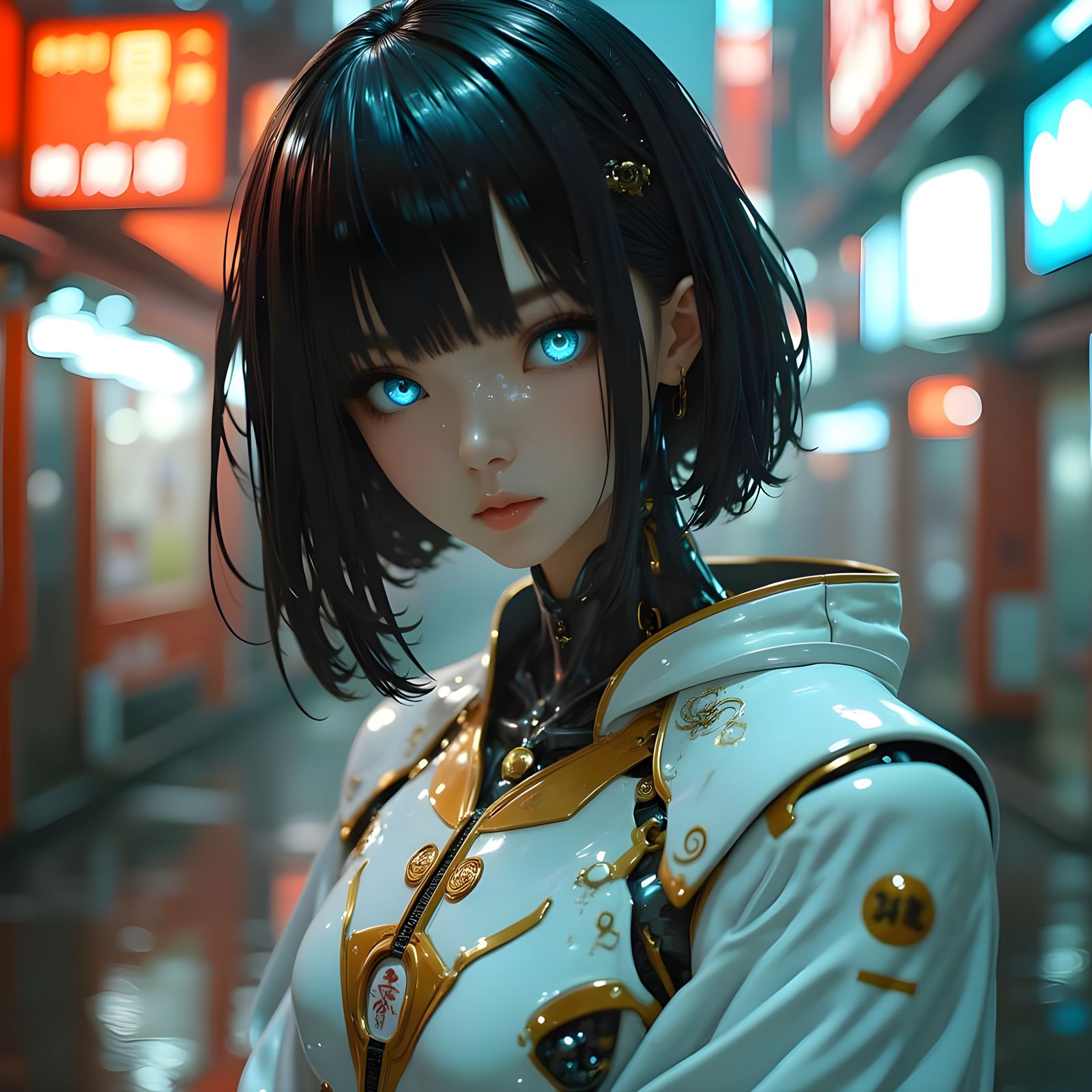 Neo-Cyberpunk Japanese Robot Woman in Futuristic Armor