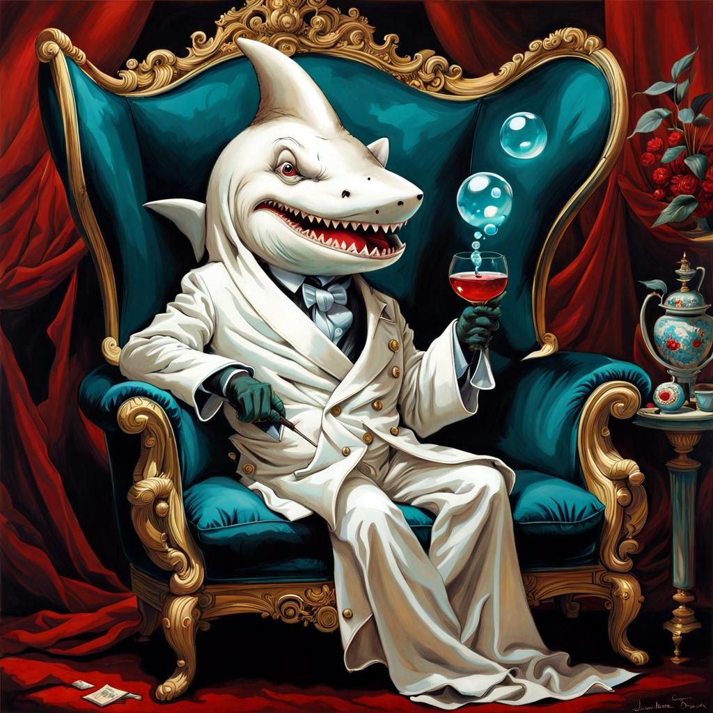 Surreal Cartoon Shark Smokes Pipe in Armchair