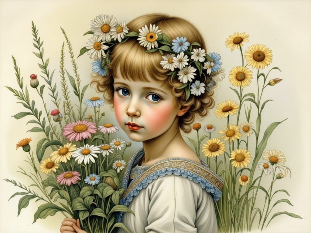 Vibrant Watercolor Portrait of a Young Girl Among Flowers