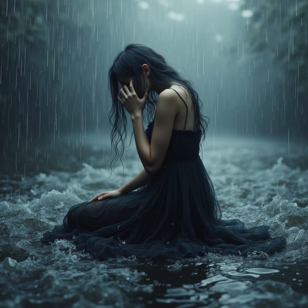 Grieving Woman in Floodwaters: Hauntingly Beautiful Art