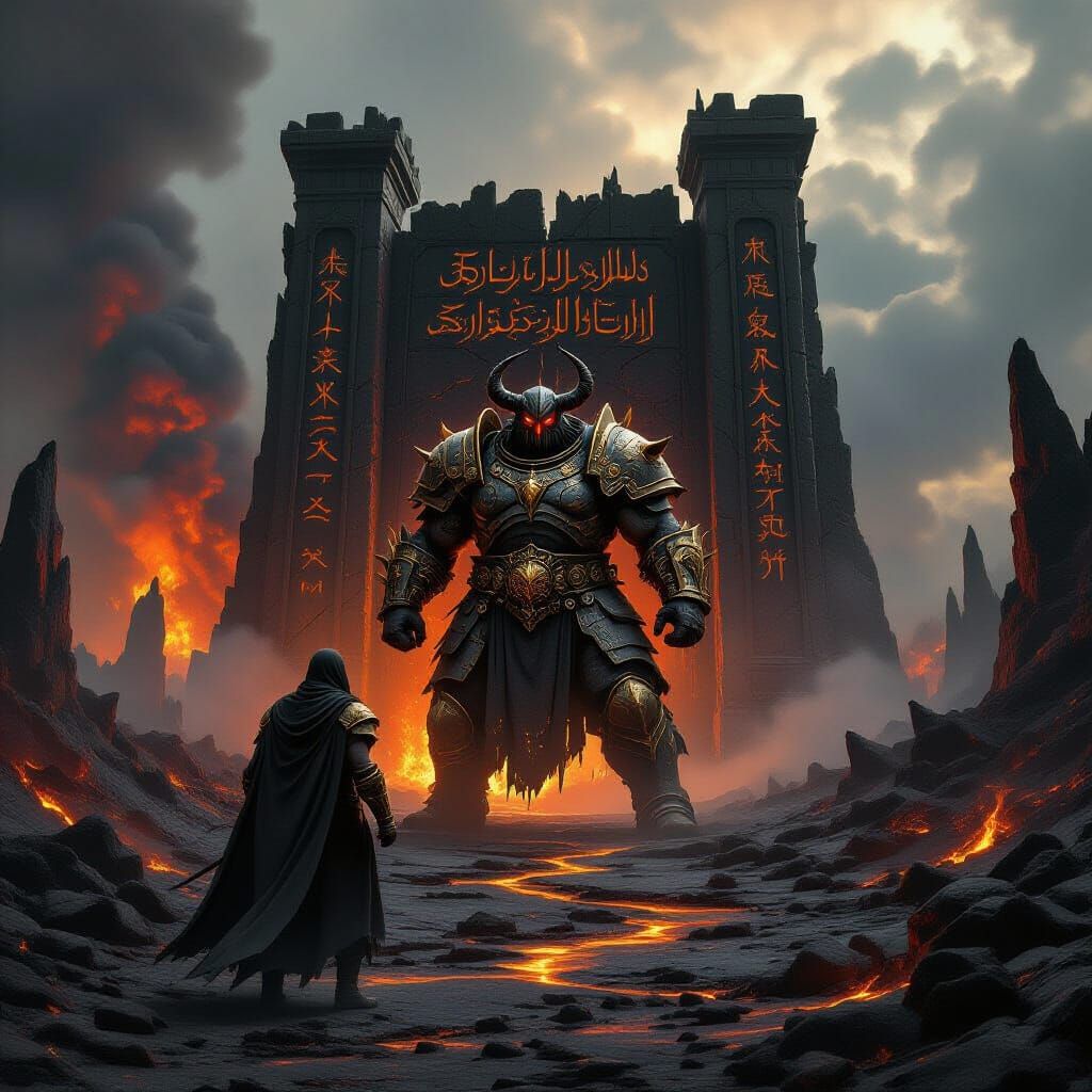 Barbazu Guarding Hellish Obsidian Gate in Molten Landscape