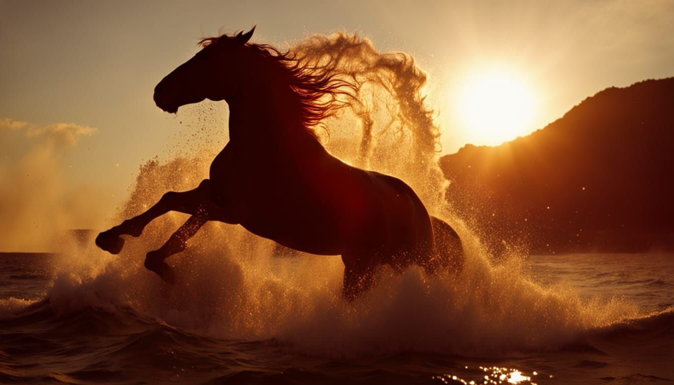 Horse Plunges Into Ruby Red Sea, Explosive Crimson Splash