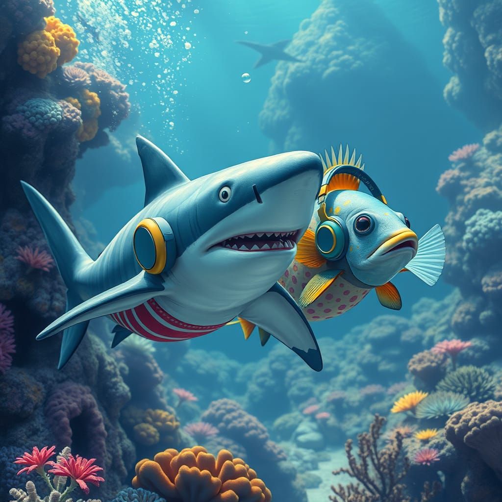 Shark and Fish Jam to Music Underwater in Dreamy Scene