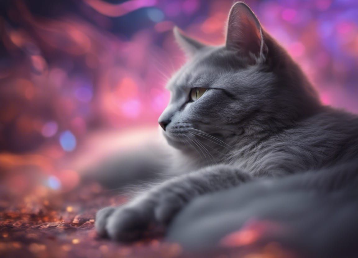 Grey Cat Napping in Fantasy Dreamscape