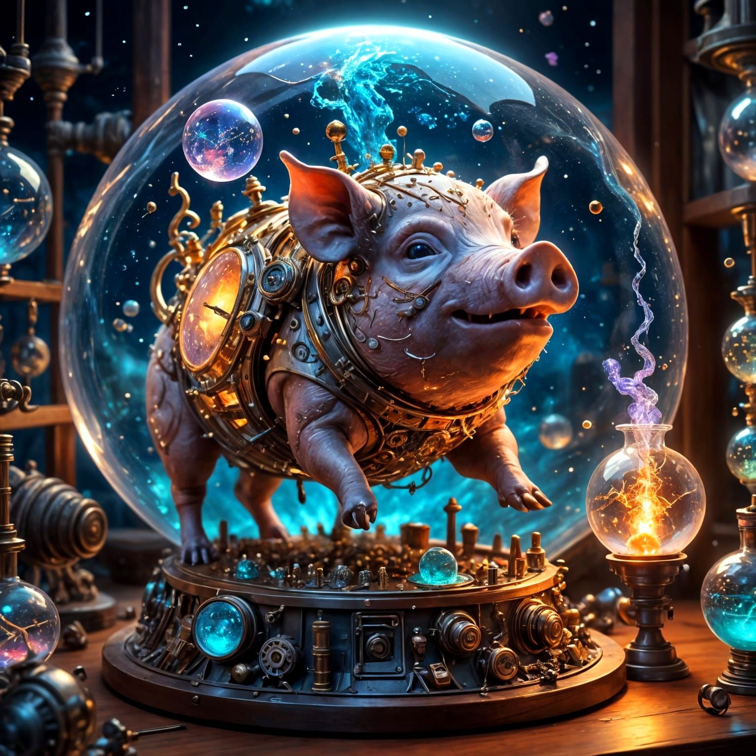 Steampunk Pig Scientist in Whimsical Laboratory