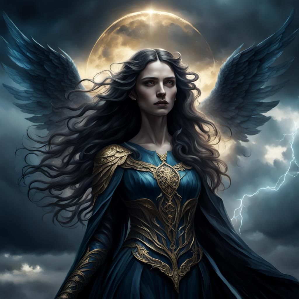 Ethereal Dark Fantasy Angel in Stormy Landscape