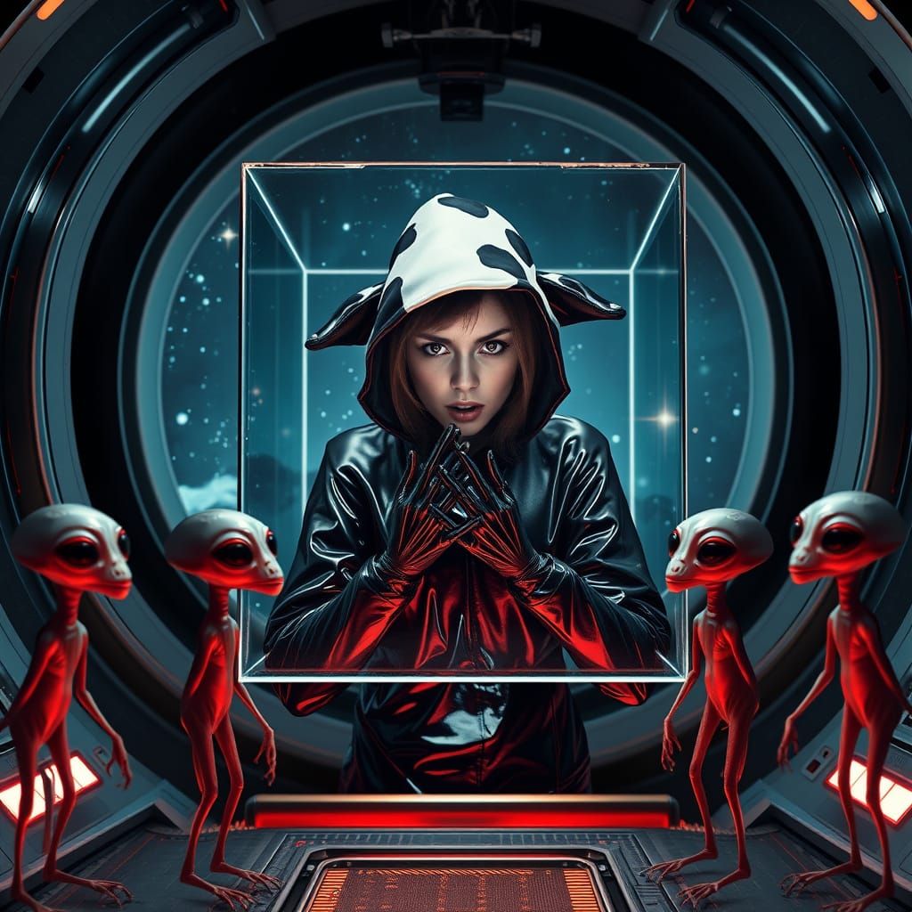 Alien Encounter in a Futuristic Glass Cube