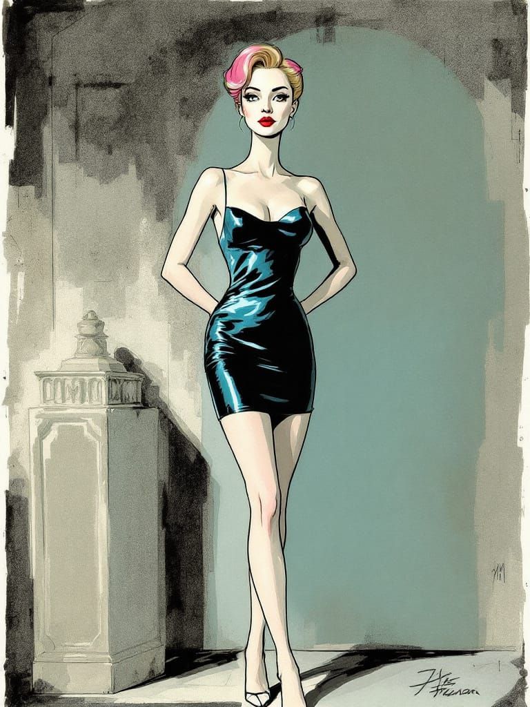 Elegant Pin-Up Woman with Pink Tipped Hair