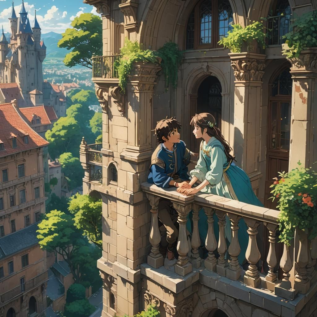 Juliet and Romeo in Baroque Castle, Ghibli Style