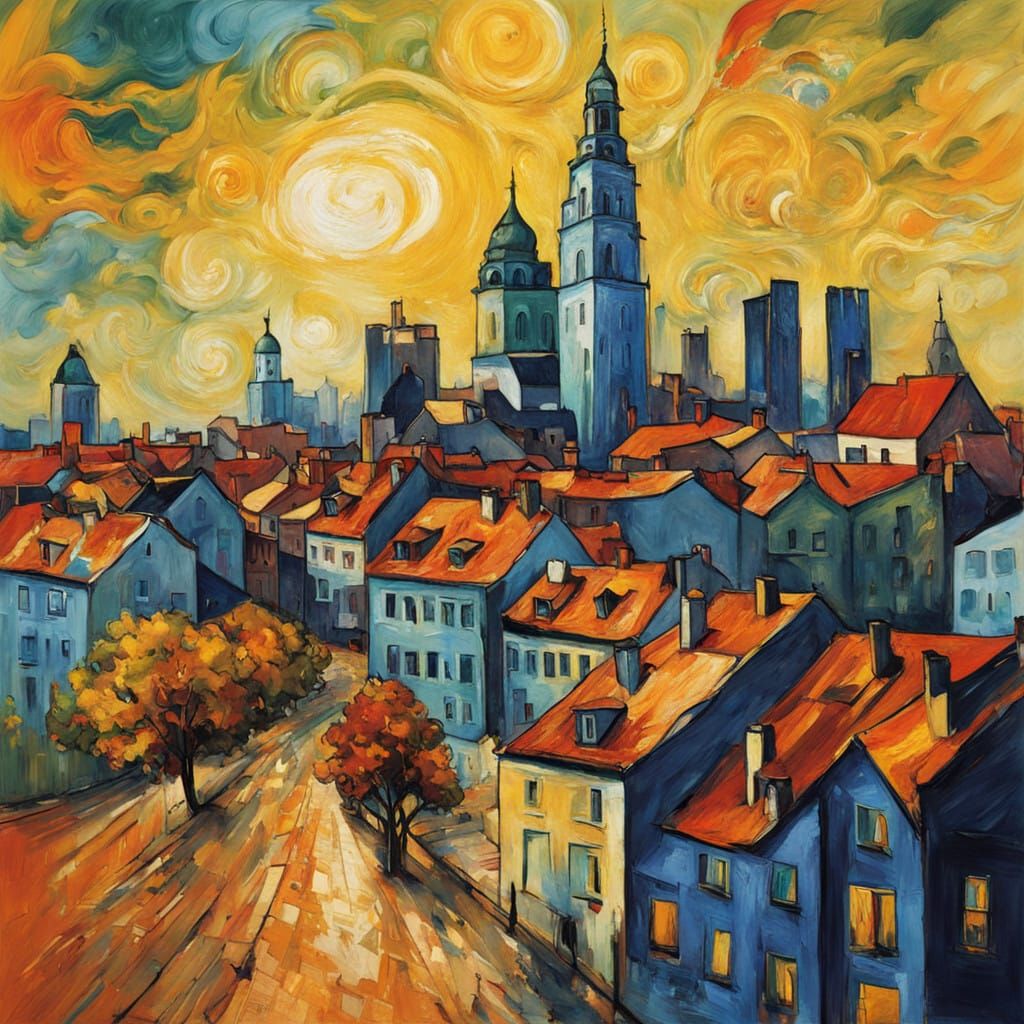 Vibrant Warsaw Cityscape in Expressive Oil and Acrylic