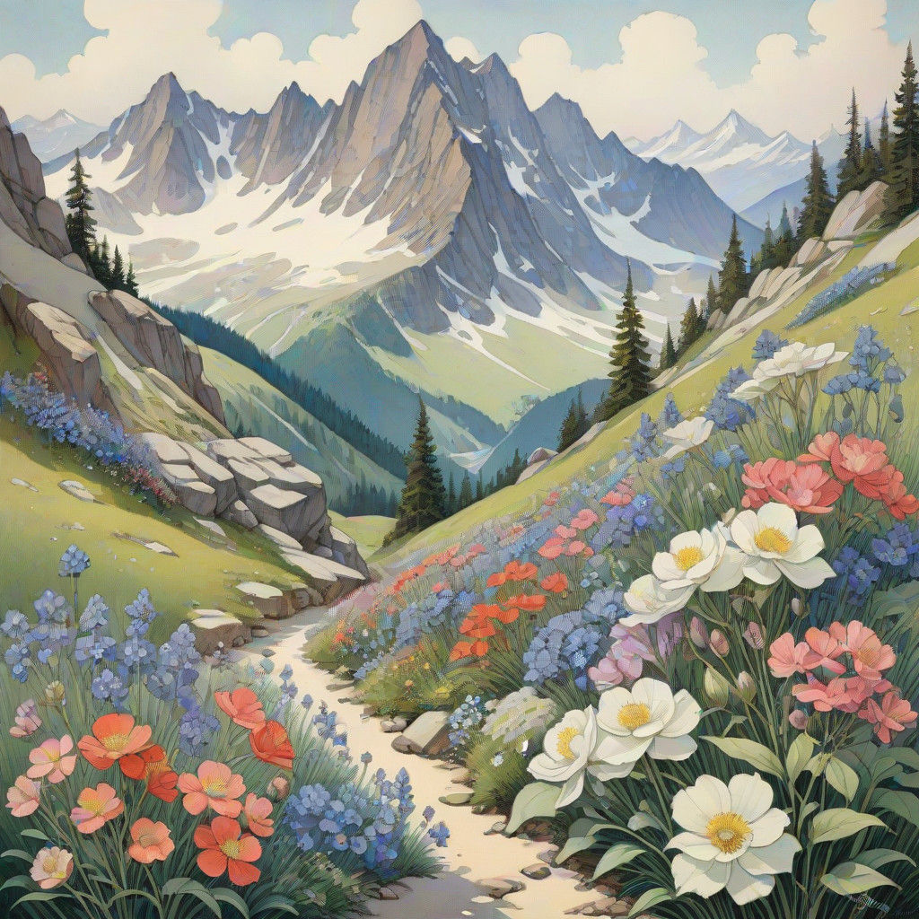 Vibrant Alpine Bloom in Watercolor Style