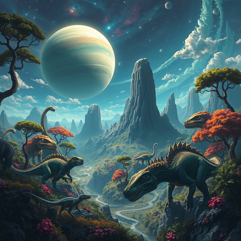 Surreal Prehistoric Landscape with Giant Reptiles