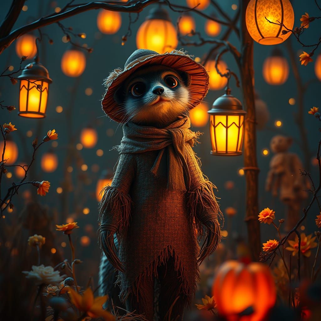 Whimsical Ferret Scarecrow in Mystical Harvest Scene