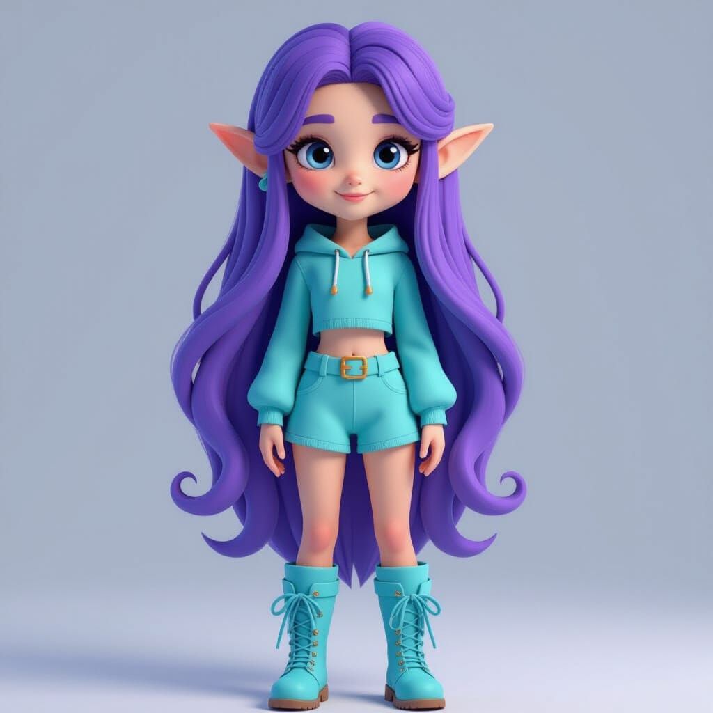 Adorable Elf Girl in Aqua and Blue with Purple Hair