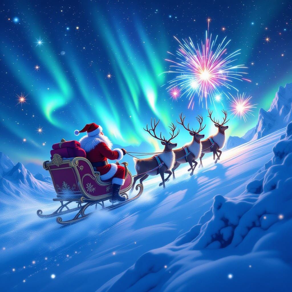 Santa Claus and Reindeer in Aurora Sky