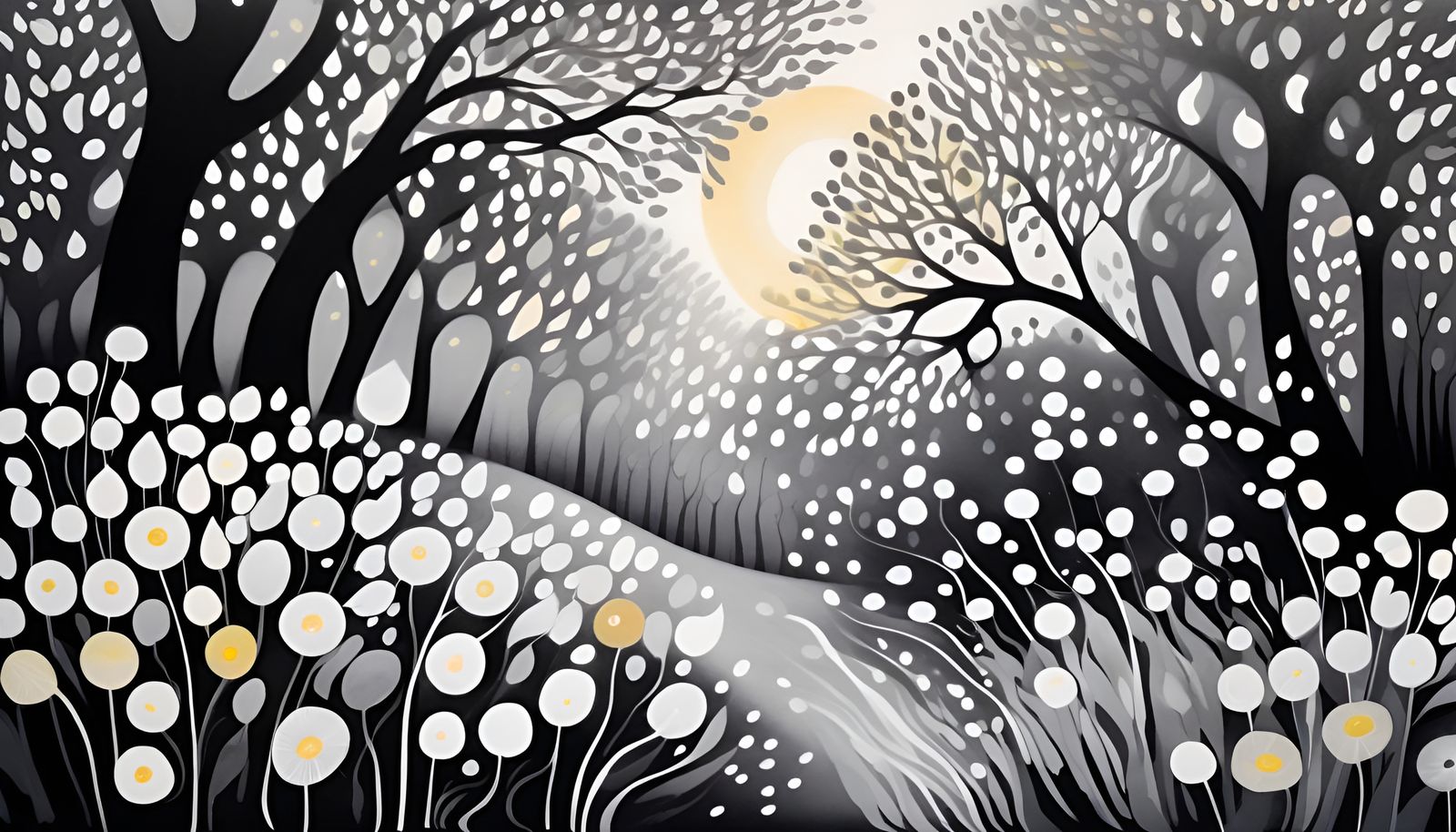 Flowers dance in the breeze in a fantasy garden.