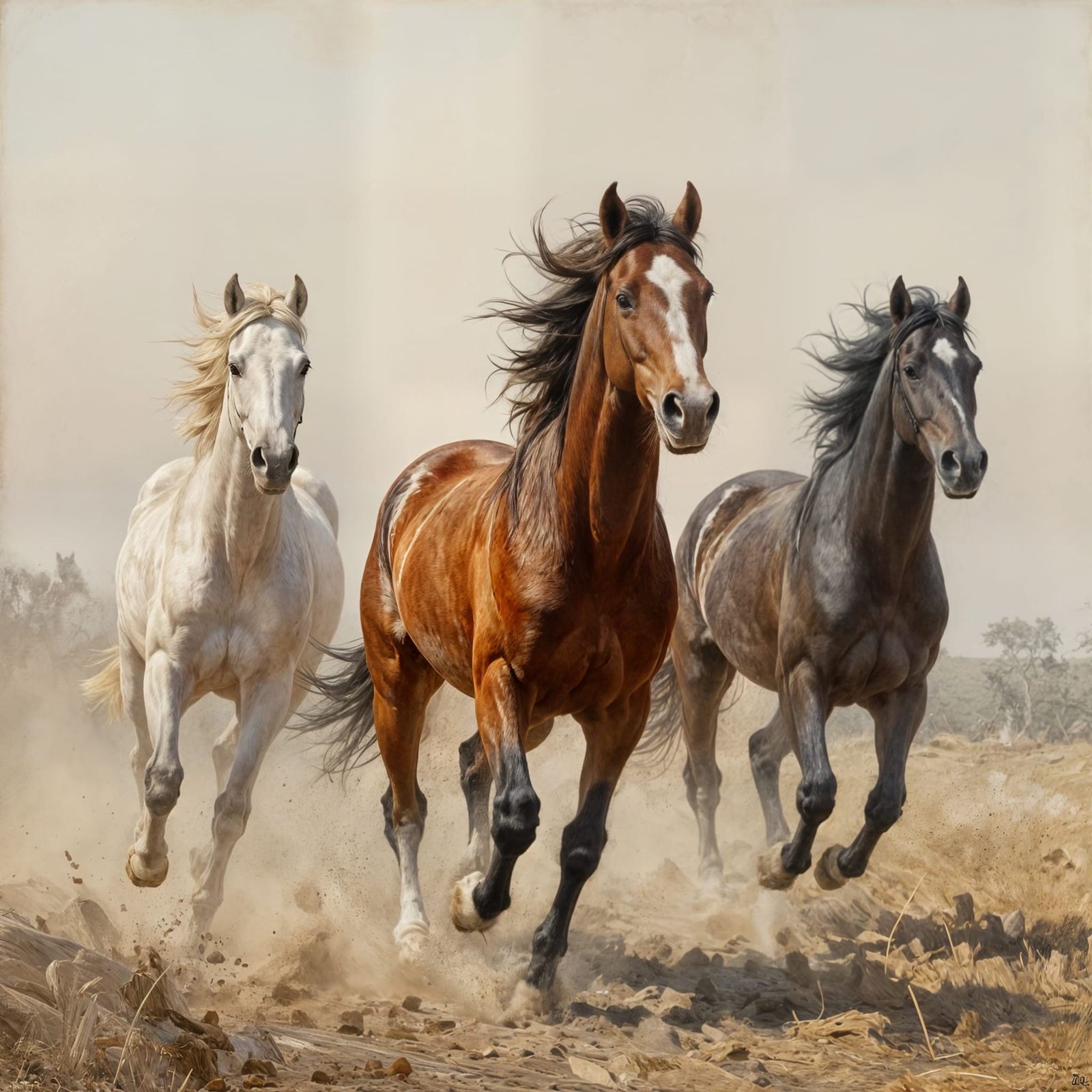 Three Horses Galloping in Dusty Landscape Oil Painting