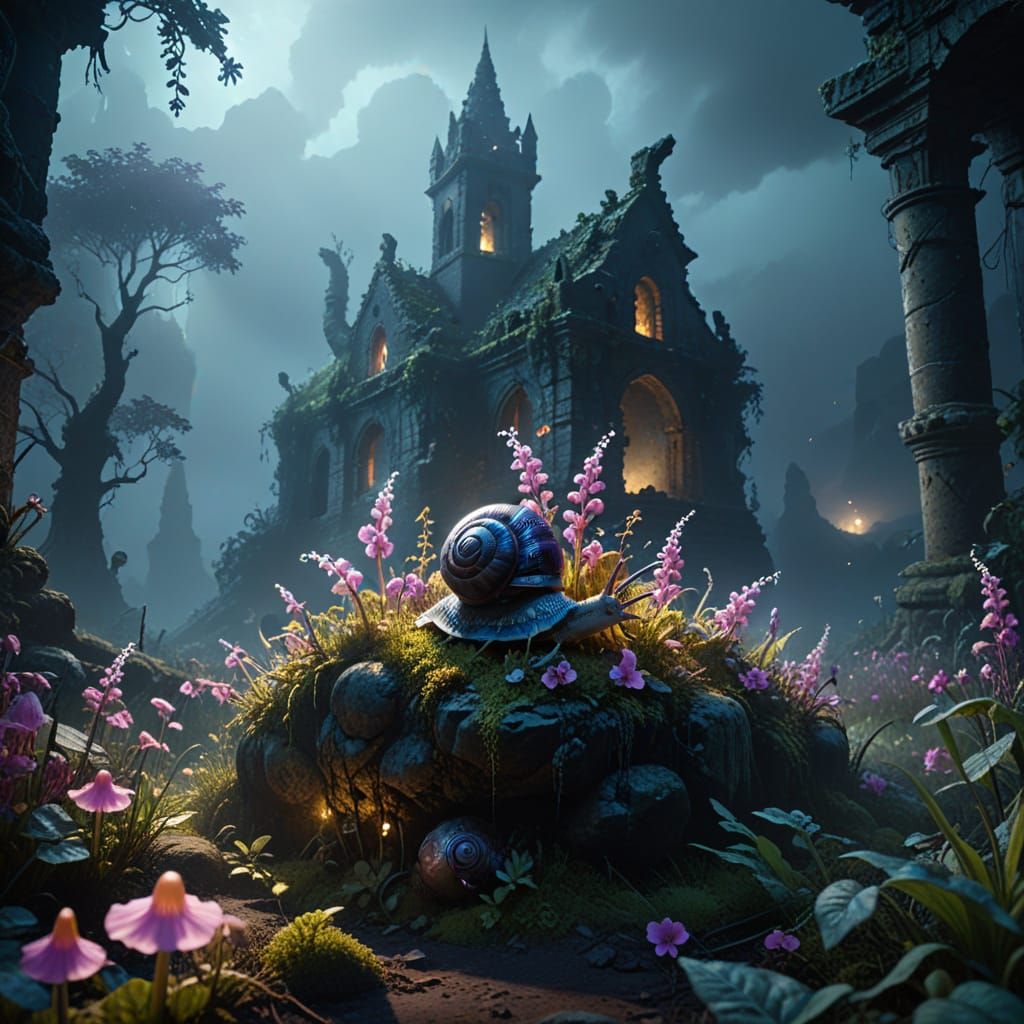 Mystical, Ancient Ruins in a Dreamlike Dark Fantasy Landscap...